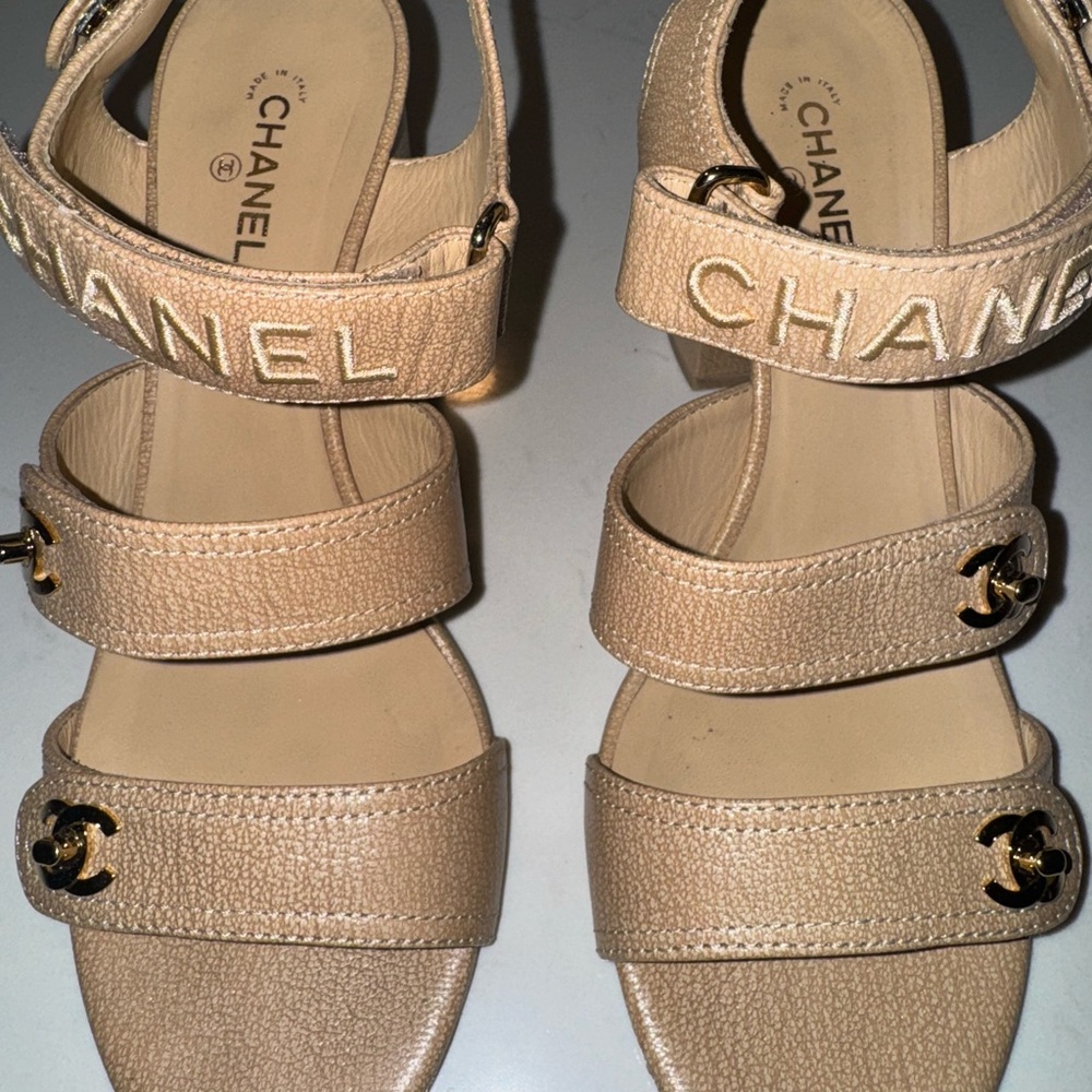 Chanel Women's Tan Block Heel Sandals